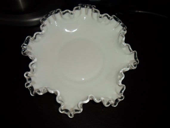 Vintage White Milk Glass Silver Crest Bowl 8"wide 2.20"h Stunning Clear edged Low Bowl