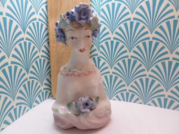 Stunning Vintage 1940's Corday womans bust blue floral halo delicate framed bust pink lips