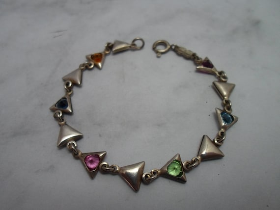 Vintage Sterling Silver Bracelet 1980's Triangles with Faceted Colorful Stones Good Luck bracelet