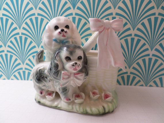 Vintage ceramic 60's cocker spaniel puppies in backet planter double arrow logo