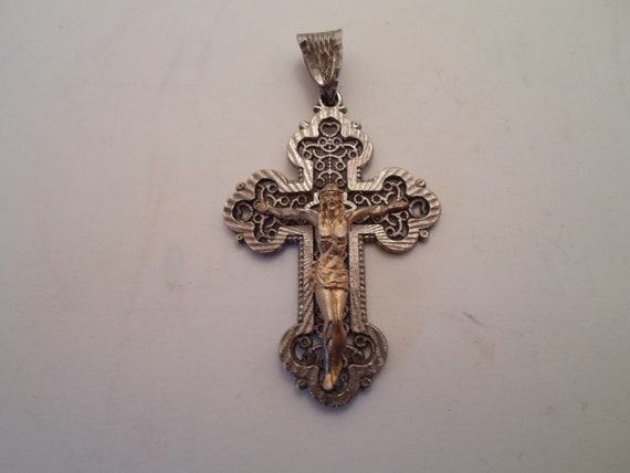 Vintage Sterling Silver Cross Crucifix Pendant Pierced silver gold tone figure Spiritual Icon 3 "