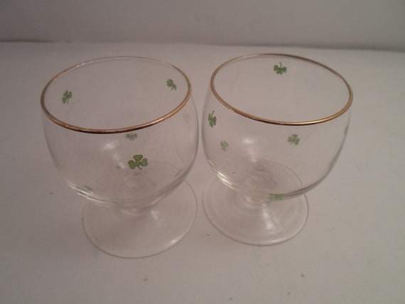 Vintage Antique 2 Painted Shamrock Gold Leaf short Brandy Cordial Sherry Wine Glasses St. Patrick Day Irish Birthday Toast Bar item