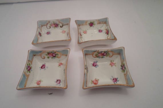Antique Hand Painted Nippon 4 Mini Tray Salt Dips Condiments Jewelry Cups Delicate Flowers Gold Leaf Farm house Cottage Chic