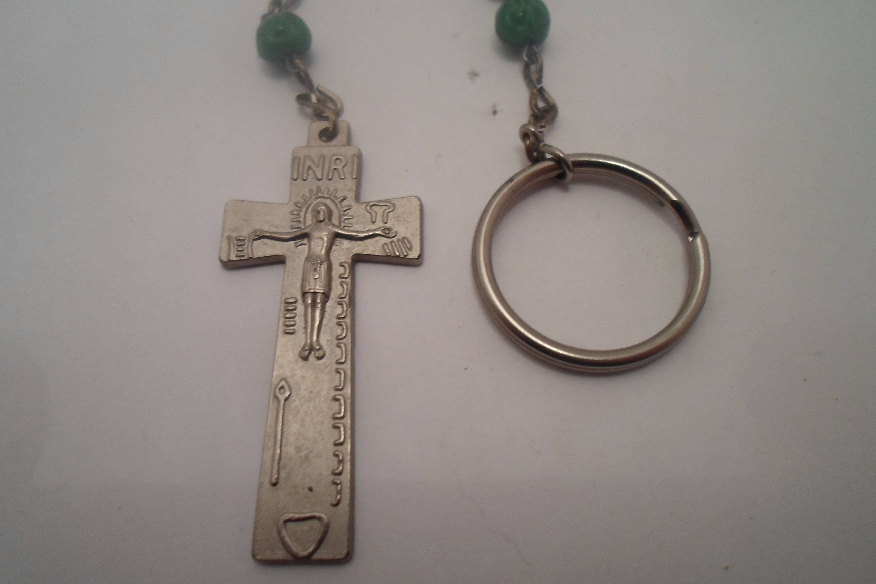 Vintage Celtic Irish Rosary Key Chain Pressed Embossed Green Glass ...