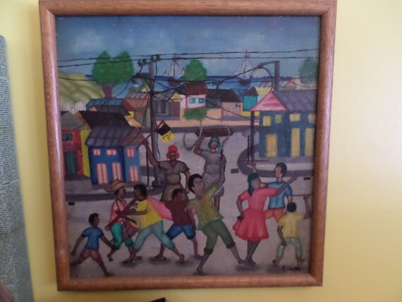 Vintage Gerard oil painting Haiti 1980 framed colorful children
