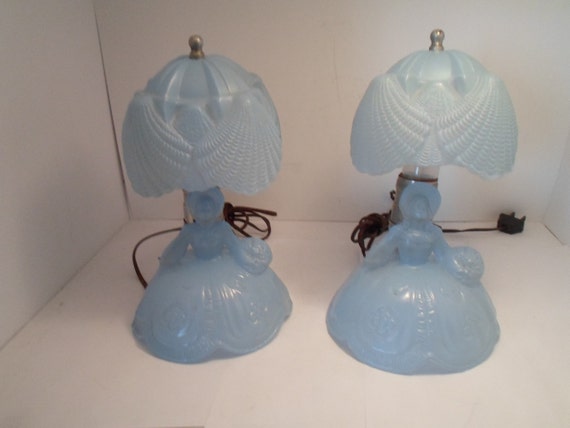 Art Deco Pair Southern Belle Women Boudior Lamps Shell Umbrella Shade Satin Frosted Glass original Working Cottage Shabby Ready