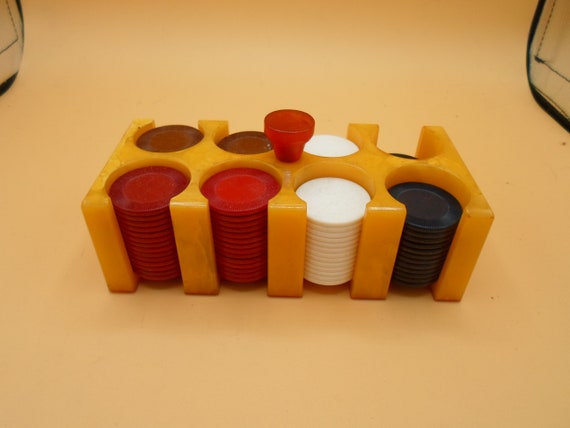 Vintage Butterscotch Bakelite Poker Chip Caddy Holder and Chips Art Deco 40's original as is