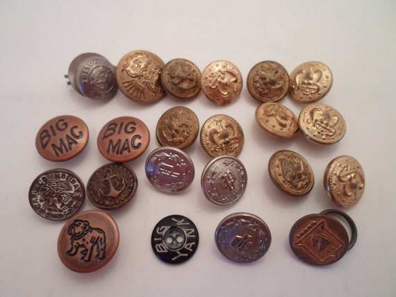 Antique Vintage Metal Buttons Military Bulldog Big Mac Railroad Group of 22 Re Purpose or Collect Cool