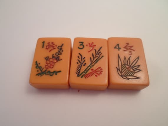 Vintage Mahjong Butterscotch 3 Antique Botanical Bakelite Game Tiles forJewelry Making or Collection Ferns Floral