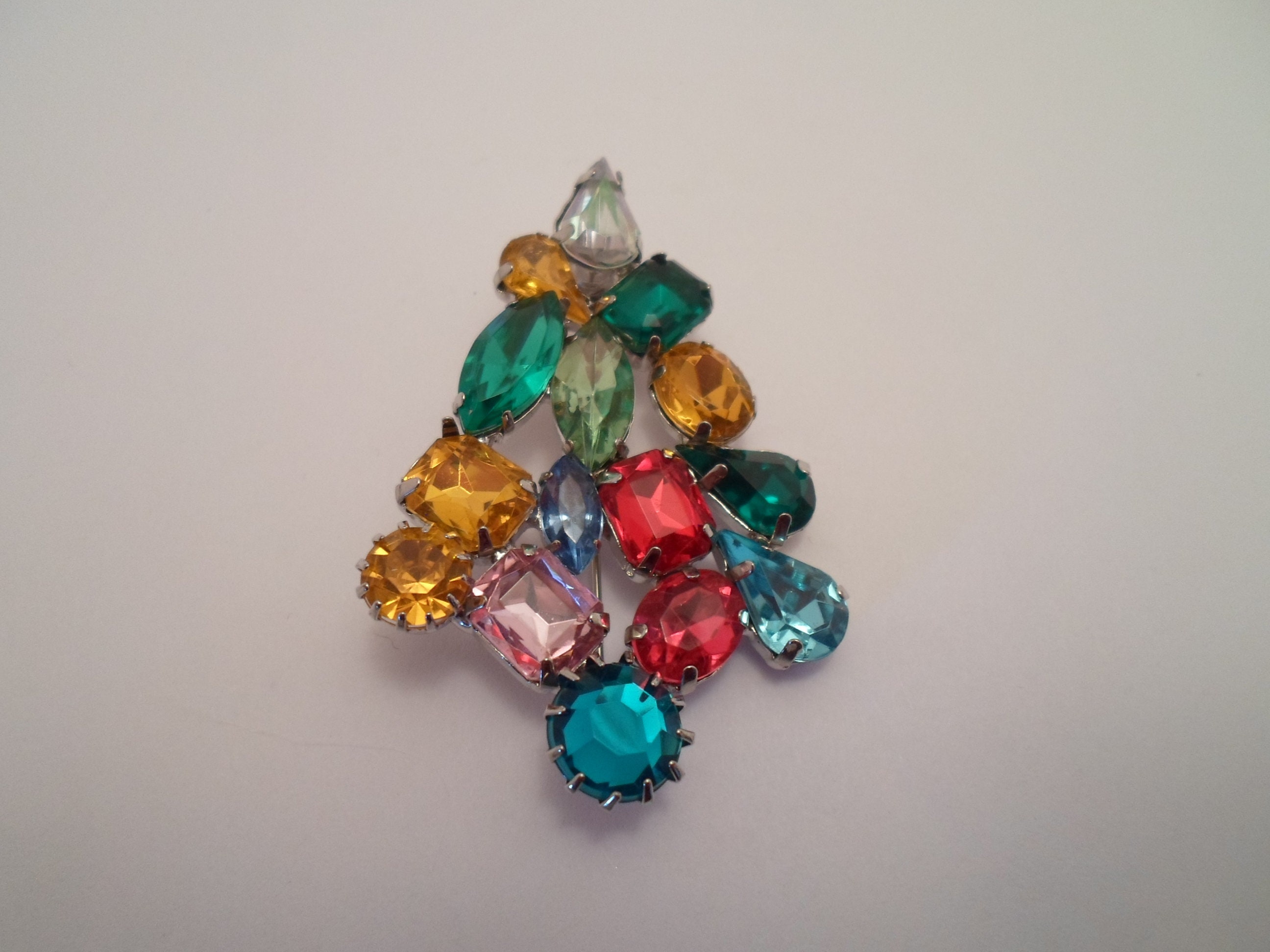 Vintage Haskell Holiday Rhinestone Christmas Tree Pin Brooch Abstract