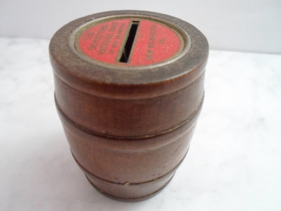 Vintage Wooden Barrel Bank 1950's Barrel of Money USA super cute