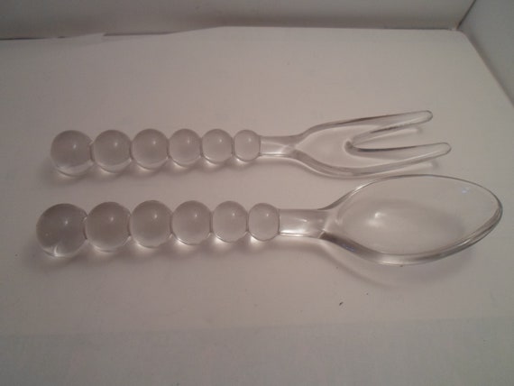 Art Deco All Glass Large Salad Set Fork and Spoon Excellent Hard to Find 9"long Farm to City Table Ready Hard to Find Bubble handles