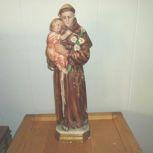 Vintage Antique Saint Anthony with Child Jesus Chalkware Statue Large 17&quot; Original tag Columbia Statuary Italy chipped sleve