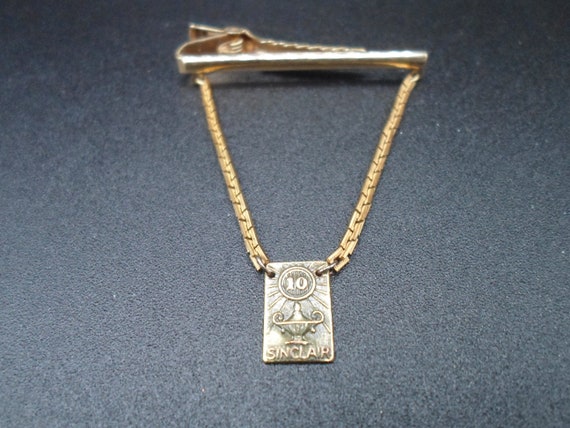 Vintage SINCLAIR Oil 10k Gold Charm Tie Bar Anson 12k Gold Filled Bar 10yr.Service DINO