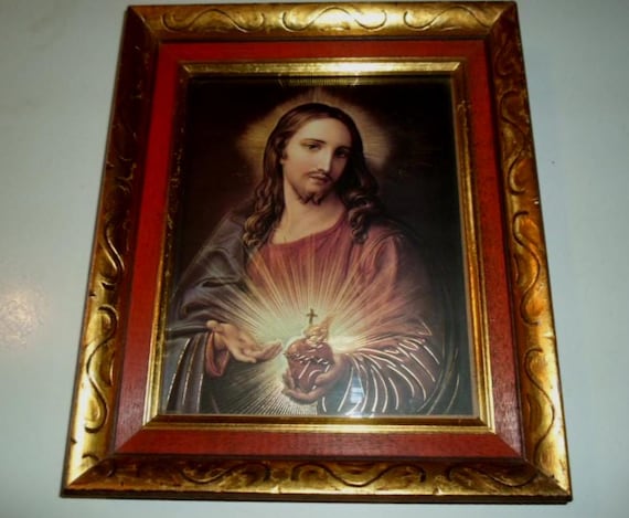 Vintage Sacred Heart of Jesus Print in Exquisite Spanish Revival Carved Frame. Carved Frame Gold Leaf with Burnt Umber Accent