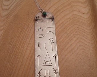 Vintage TR Kemerly Sterling Silver Egyptian Pendant and chain Ankh Hieroglyphs Drawings Jade 1980&#39;s