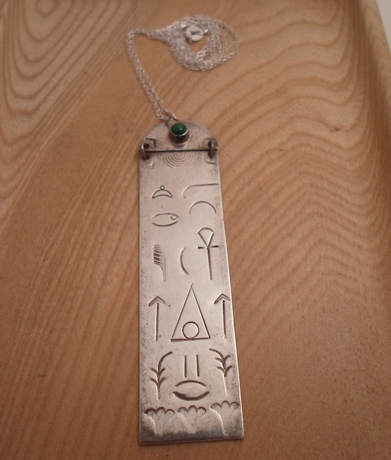 Vintage TR Kemerly Sterling Silver Egyptian Pendant and chain Ankh Hieroglyphs Drawings Jade 1980's