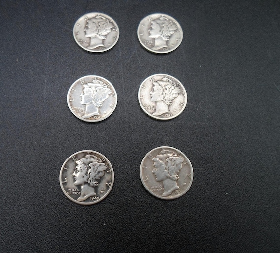 6 Silver Mercury Dimes Two 1942 Two 1943 One 1944 One 1937 USA Silver Coin money