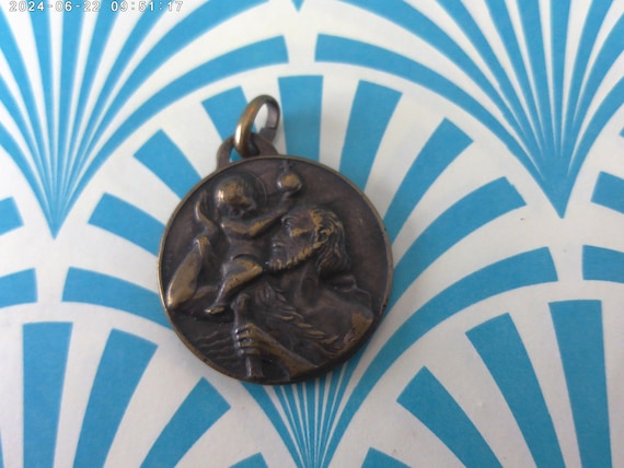 Vintage 60's brass 1" 2 sided coin charm Our Lady of the Highway, St Christopher medal