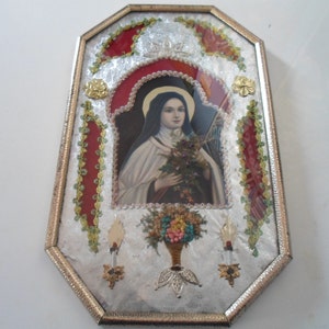 Antique Vintage Saint Therese Little Flower Picture Adorned with Foil Dried Flowers Scalloped Trim True Ethnic Art Deco Era 1930&#39;s Stunning!