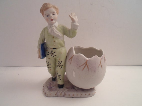 Occupied Japan Mini Egg Vase Paulux Bisque Hand Painted Figure Boy holding Books Age of Innocence