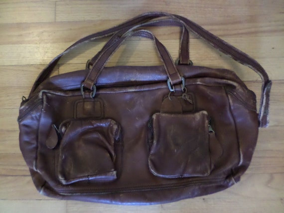large vintage duffle bag all brown leather heavy duty zipper