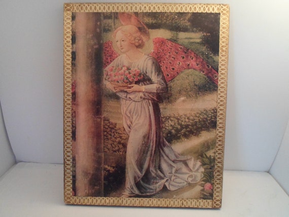 Vintage Spiritual Angel Print on Wood Gold Leaf Made in Italy Fantastic colors Beautiful Renaissance Winged Lady Cottage Ready Carved Edges