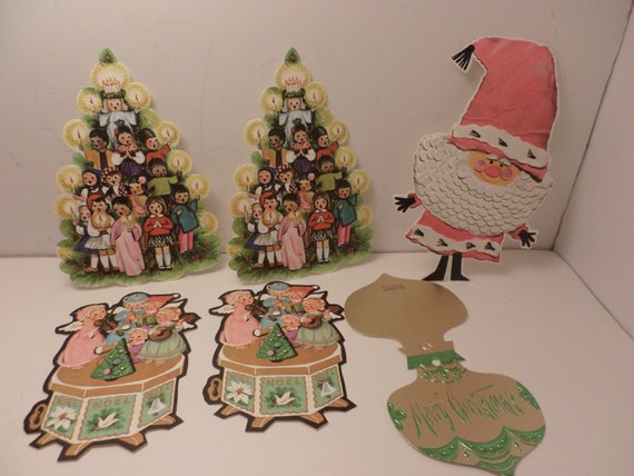 6 pc Vintage 60's cardstock Christmas tags gift box adornment