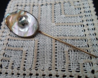 Vintage Abalone Blister Pearl Stick Pin Hat Lapel Scarf Ascot Beautiful Luster 1940's Art Deco