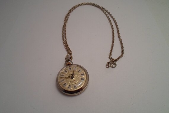 Vintage Mid Century Pendant Watch on Chain Necklace Enameled Roman Numerals Works Mechanical Embossed Case Holiday Ready
