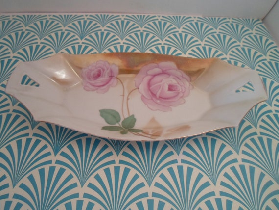 Antique RS Germany Tray Painted Luster Original Cookie Celery Table Vanity Tray with handles Double Rose