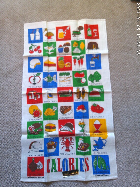 Vintage 1968 Pure Linen tea towel, wall hanging Kitchen style with calorie counter on your favorites NEW OLD stock