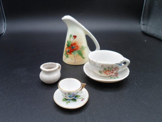 Vintage Antique Group Mini Pitcher Cup and Saucers Tiny Pot Adorable Decoration Japan