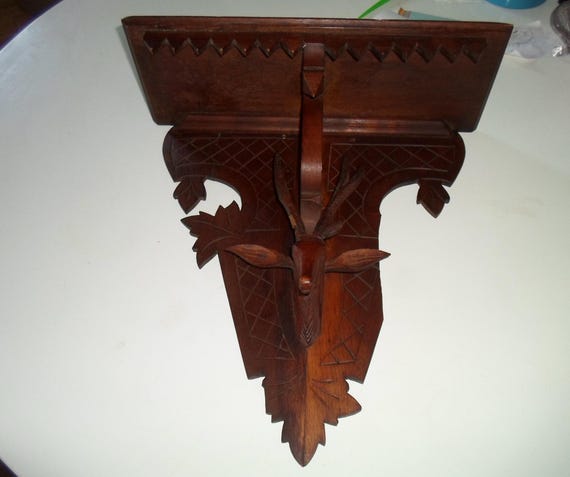 Antique Hand Carved Walnut Stag Deer Head Clock Shelf - Victorian 1890s