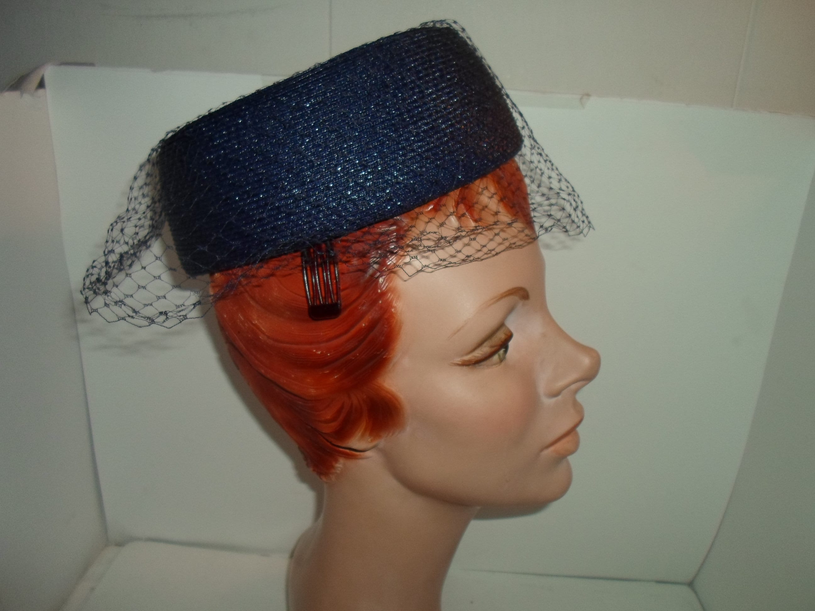 Vintage 60's Jackie Kennedy Pill Box Hat with Veil Over Dark Navy Blue Straw Fine Milinery Combs