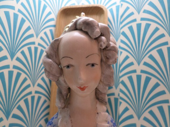 Beautiful Royalty Vintage 1940's Corday womans bust crowned in gold blue floral shawlo delicate framed bust pink lips