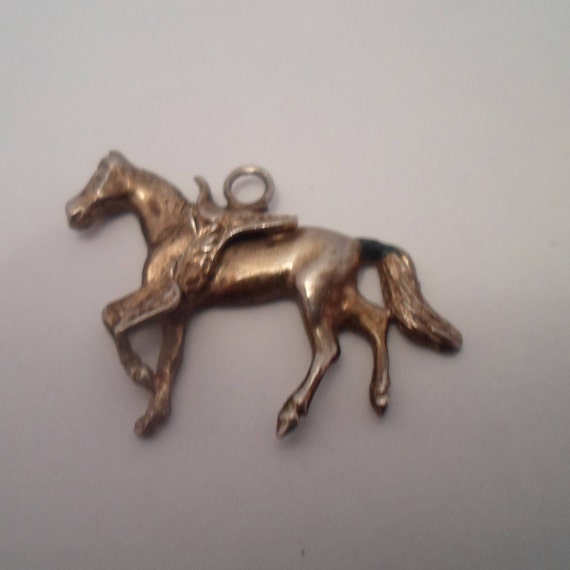 Vintage Horse Charm Cowboy Western Silver Horse & Fancy Saddle Pendant 1950's