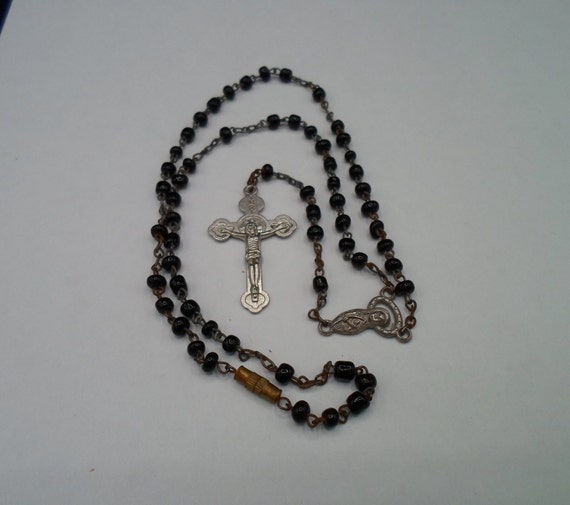 Vintage Black Glass Mini Bead Rosary Necklace 26" Very Sweet 80's 90's era Virgin Mary