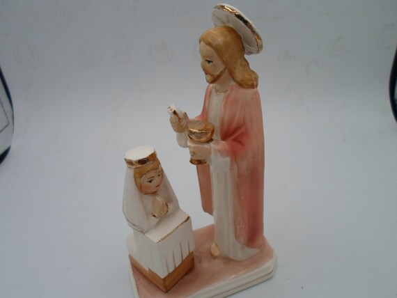 Vintage SANMYRO Jesus with Child First Communion Figure Porcelain Original Label hand painted 1960's