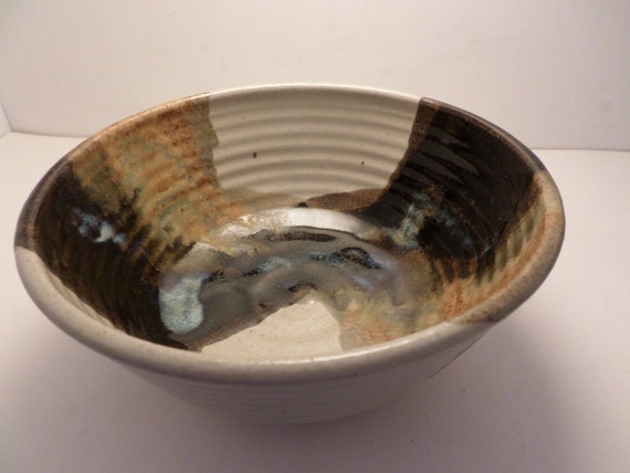beautiful pottery bowl 70's vintage with fabulous multi color glaze ribbed with pedistal