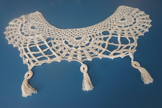 Antique Crochet Hand Made Delicate Collar with Tassels for Sweater or Dress