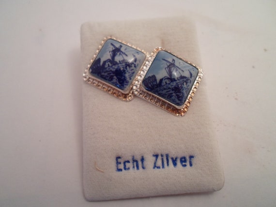 Vintage Made in Holland Delft Sterling Post Earrings on Original card Beautiful Blue Windmill New Old Stock