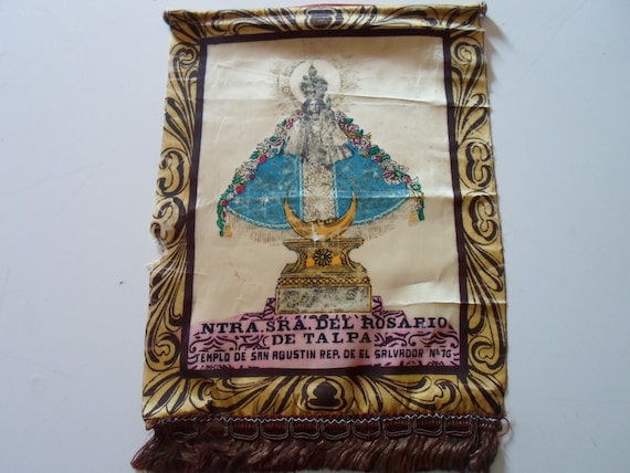 Vintage Devotional Window Flag Lady of St John of the Lakes Latin ntra sra del rosarionde talpa San Agustin Rep De El Salvador #76 as is
