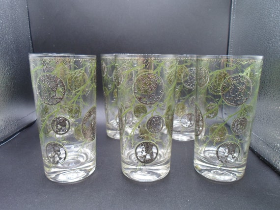 Set of 6 Mid Century Modern Decorative United States Coin and Vine Glasses 5.50"tall
