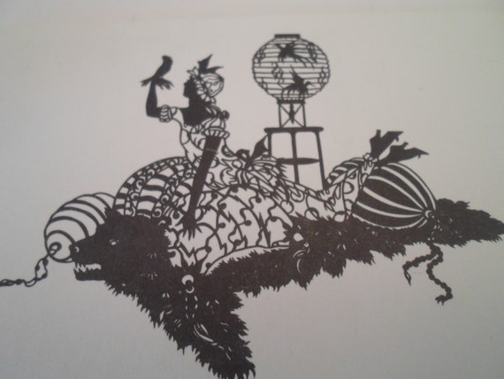 Vintage German Silhouette Post Card Lady on Bear Rug Birds Watermelons Lantern