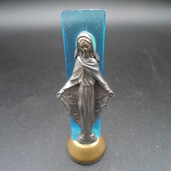 Vintage Virgin Mary Statuette Pewter Miraculous Mary 1960's Blue Lucite Italy 3"