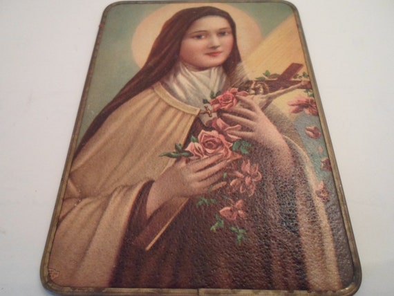 Antique Art Deco Original Era Little Flower Saint Teresa Textured Print for Table Top or Wall Beloved Saint Roses Cross Cottage
