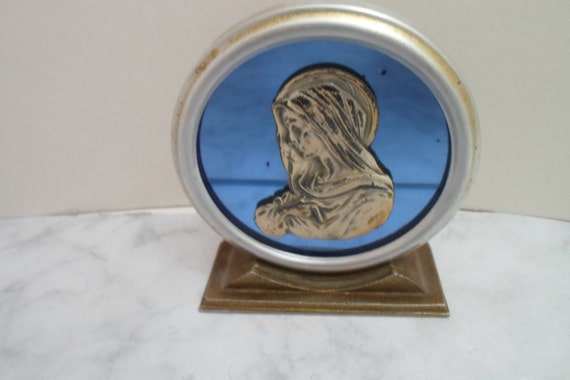 Vintage Blessed Mother Virgin Mary Art Deco Blue Mirror Silver Tone Silhouette Stand Original 1930's Metal Rare!