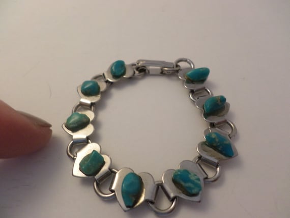 Vintage 70's childs roadside souvenir bracelet. turquoise on stainless hearts CUTE!