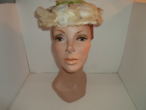 Vintage Hat Magnolia Floral and Net Pill Box Green Leaves Head Covering